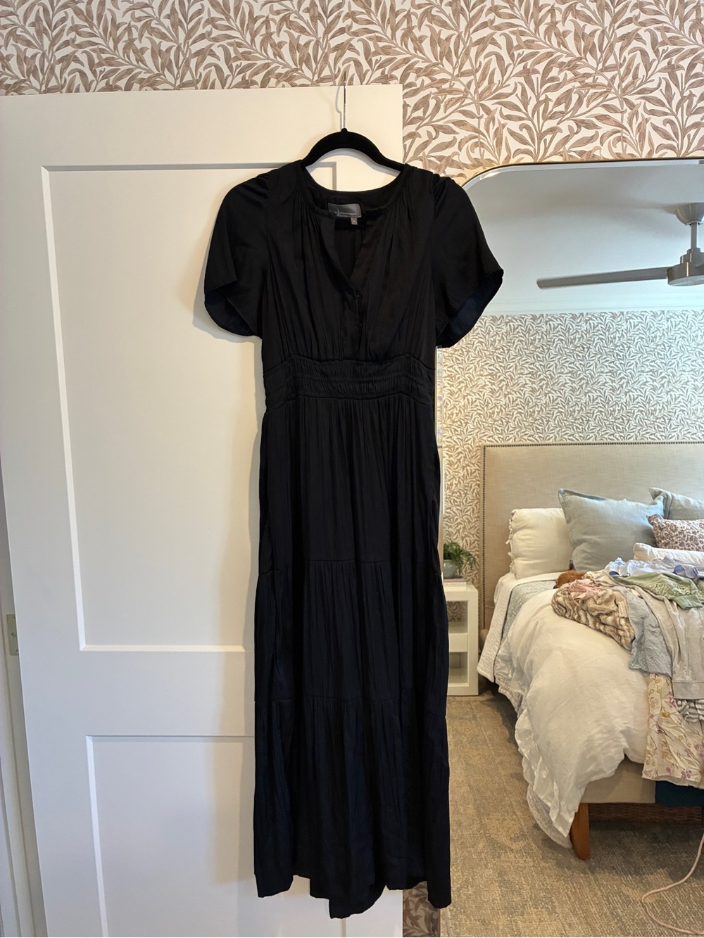 Anthropologie Black Short-Sleeve Maxi Dress